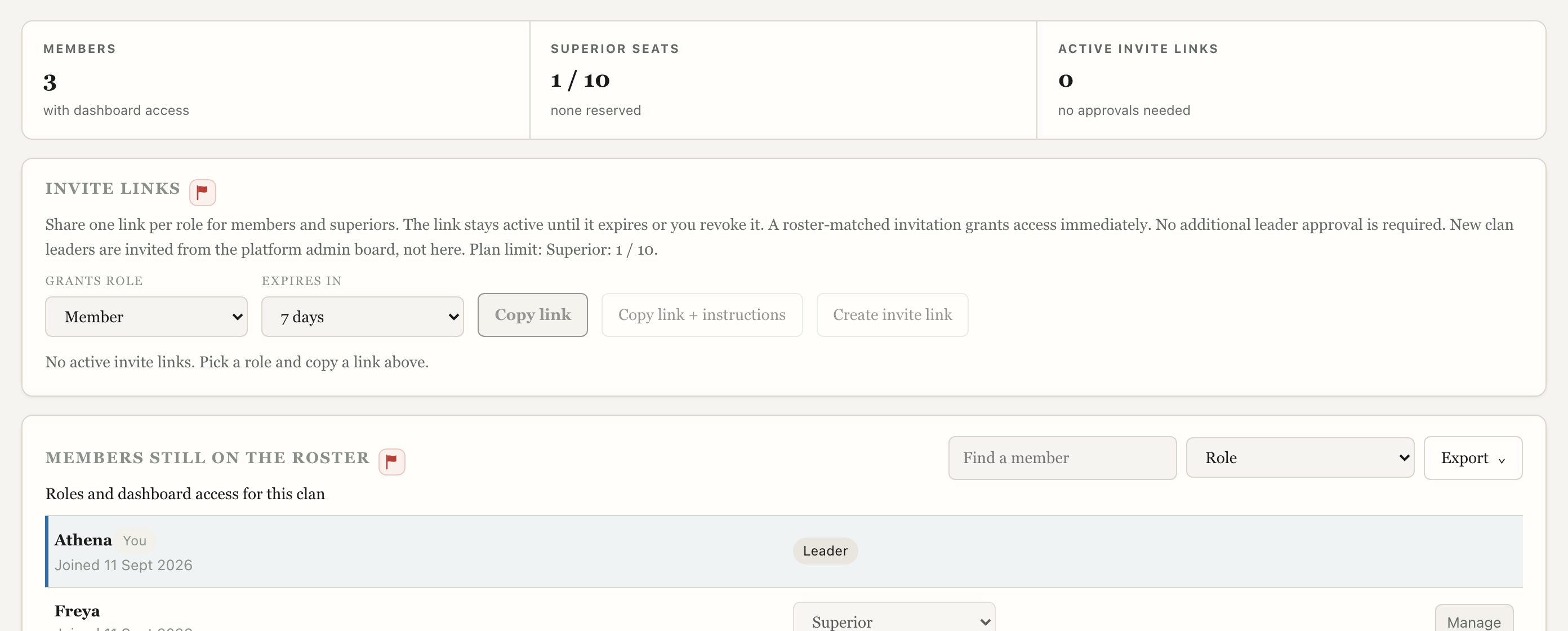 People & invite links screen showing the controls described above