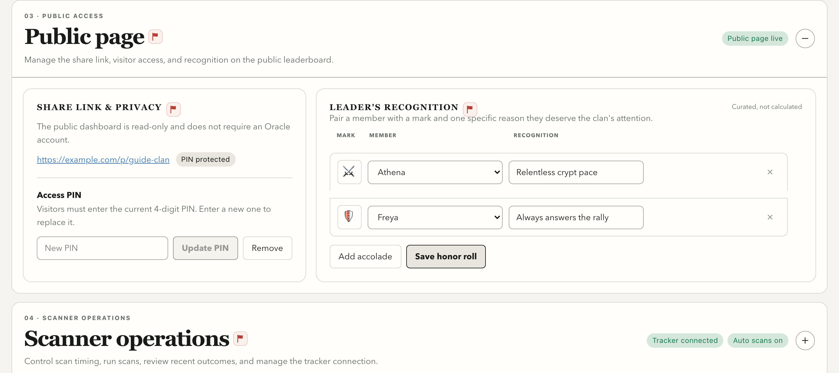 Public page settings screen